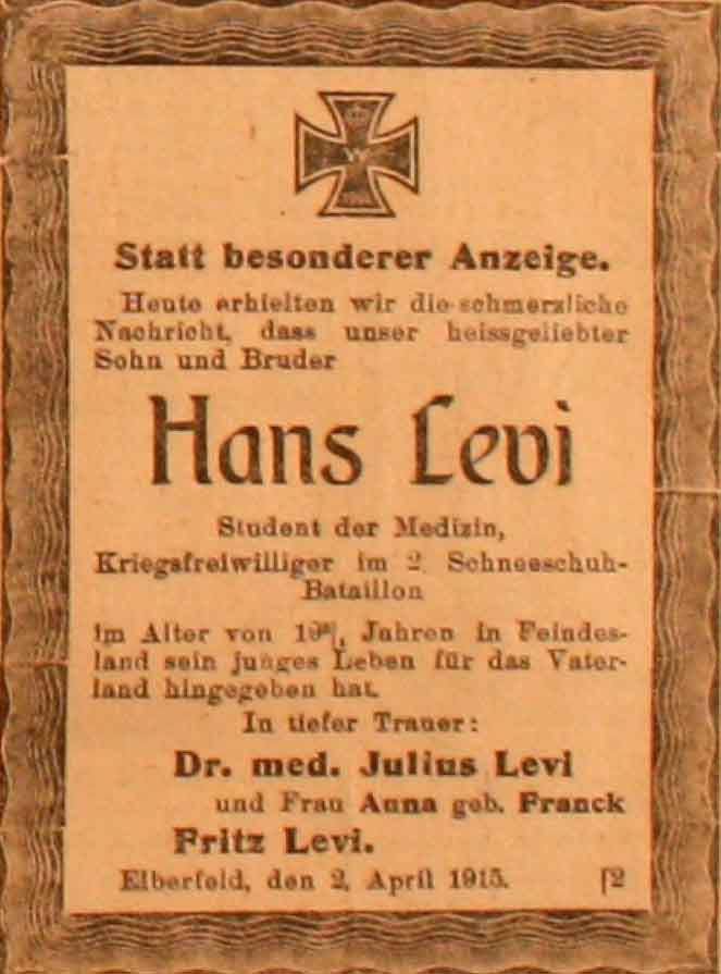 Anzeige im General-Anzeiger vom 6. April 1915