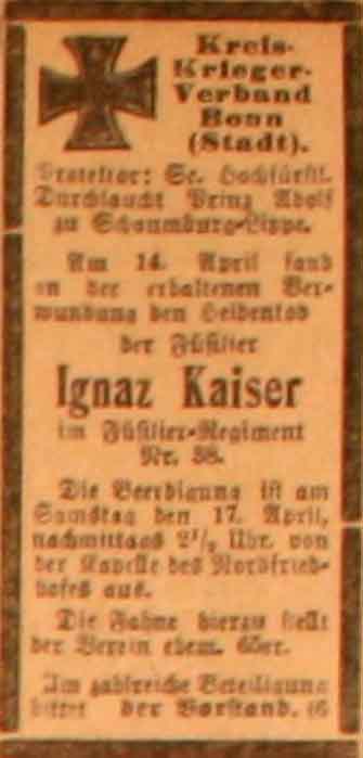 Anzeige im General-Anzeiger vom 17. April 1915