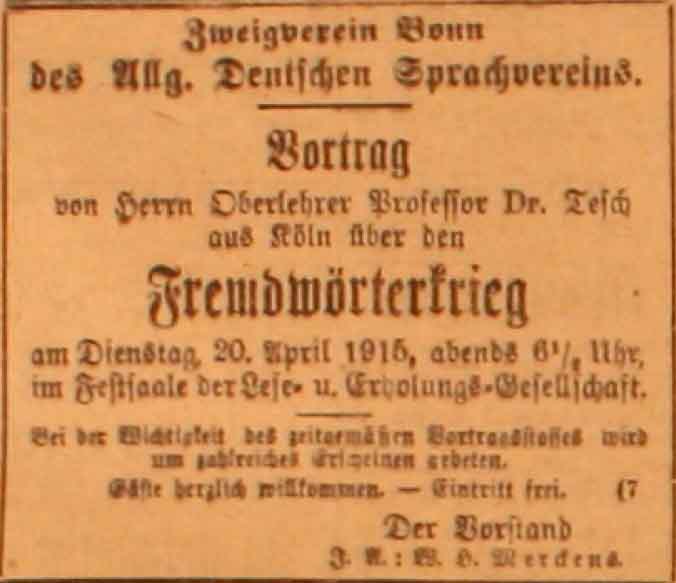 Anzeige im General-Anzeiger vom 18. April 1915