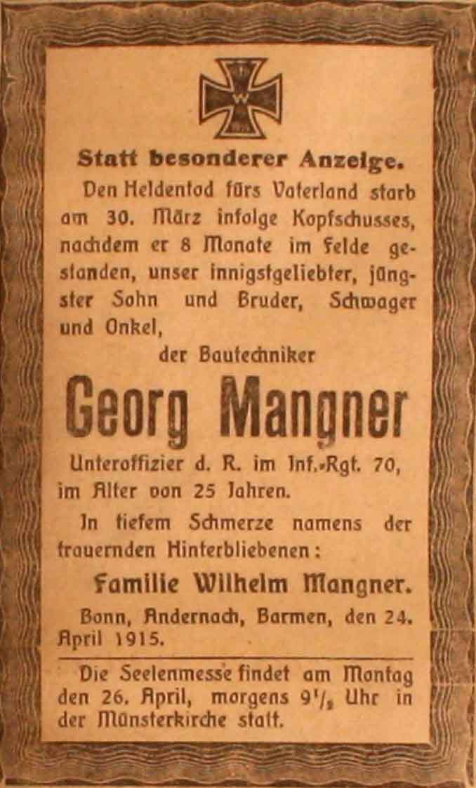 Anzeige im General-Anzeiger vom 25. April 1915