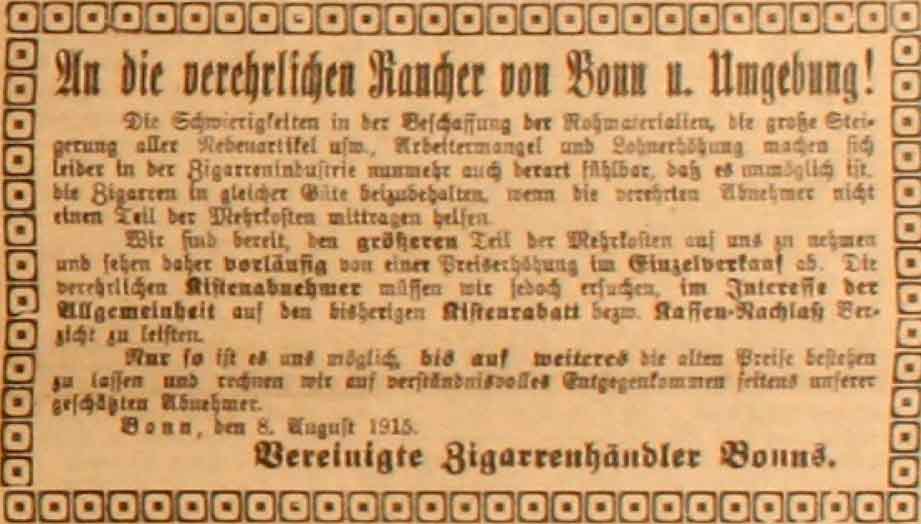 Anzeige in der Deutschen Reichs-Zeitung vom 8. August 1915