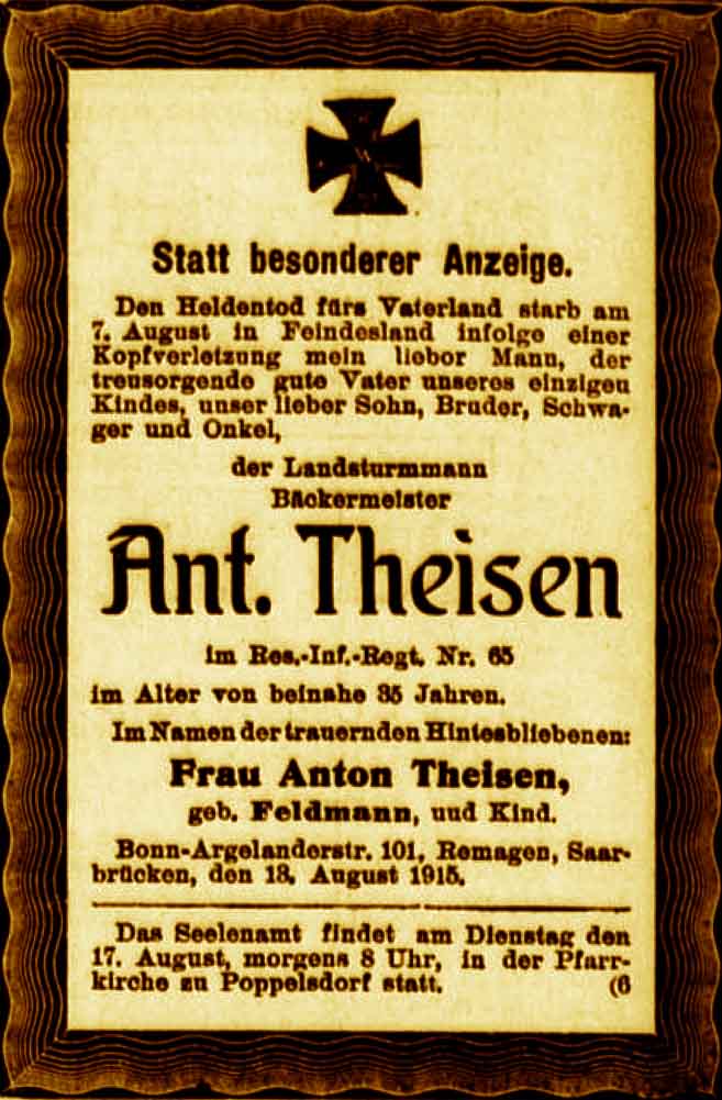 Anzeige im General-Anzeiger vom 14. August 1915