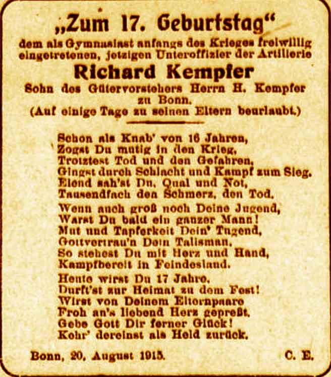 Anzeige im General-Anzeiger vom 20. August 1915