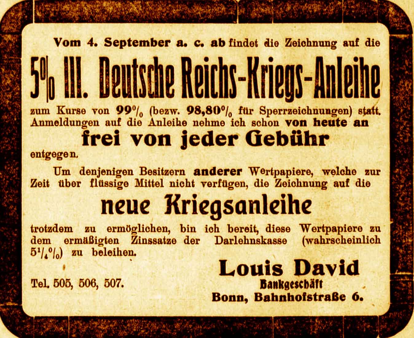 Anzeige im General-Anzeiger vom 29. August 1915