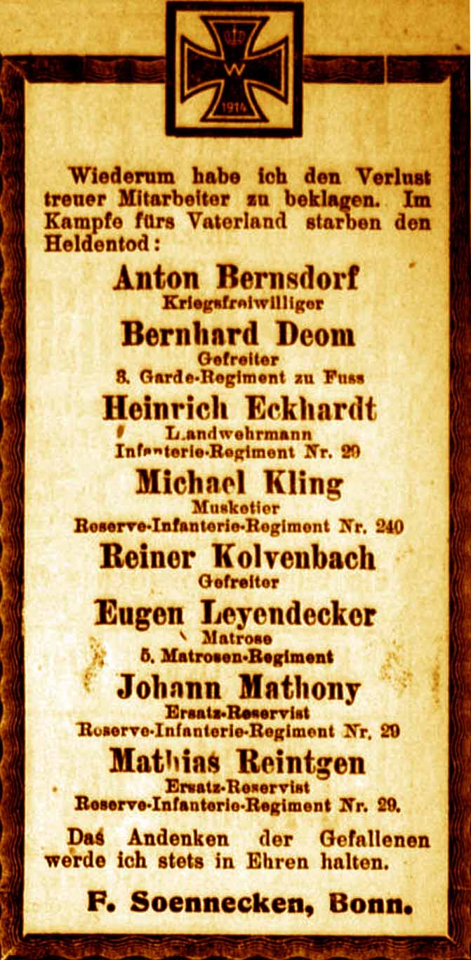Anzeige im General-Anzeiger vom 21. Dezember 1915
