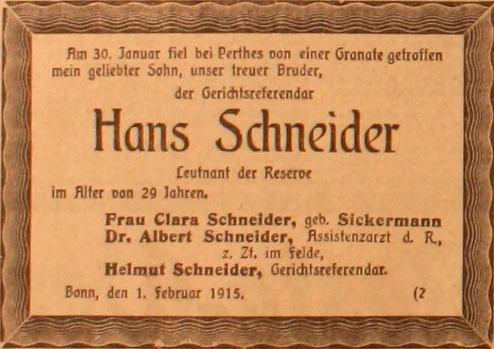 Anzeige im General-Anzeiger vom 2. Februar 1915