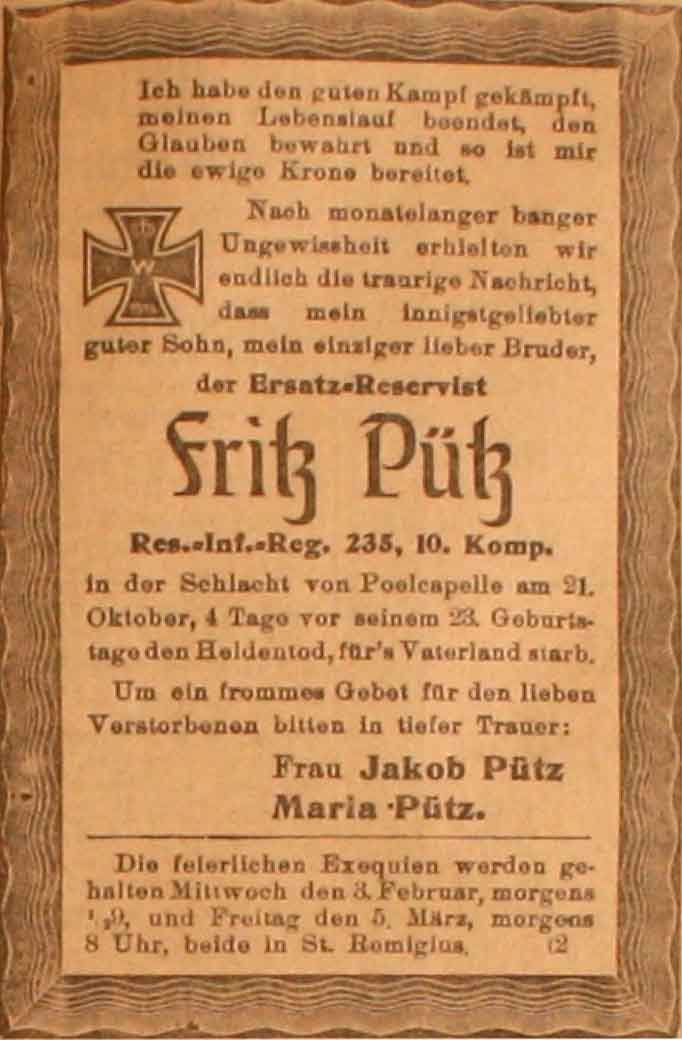 Anzeige im General-Anzeiger vom 2. Februar 1915