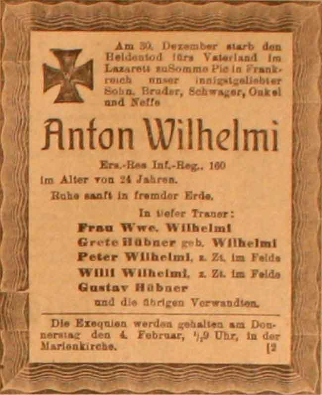 Anzeige im General-Anzeiger vom 2. Februar 1915