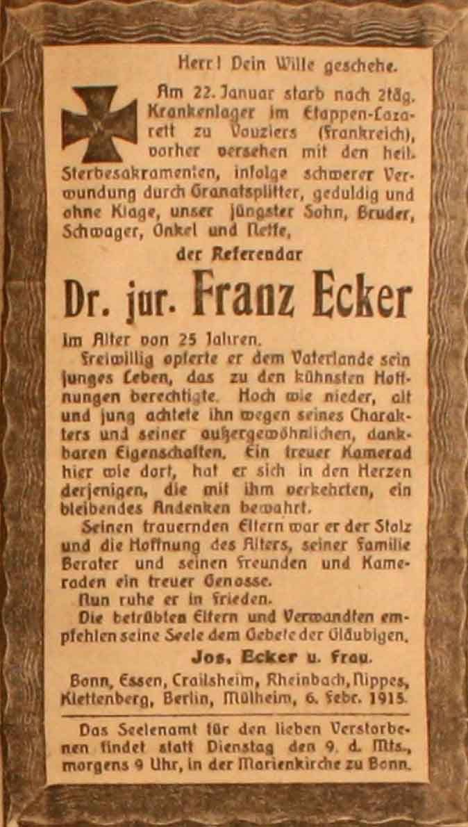 Anzeige im General-Anzeiger vom 7. Februar 1915