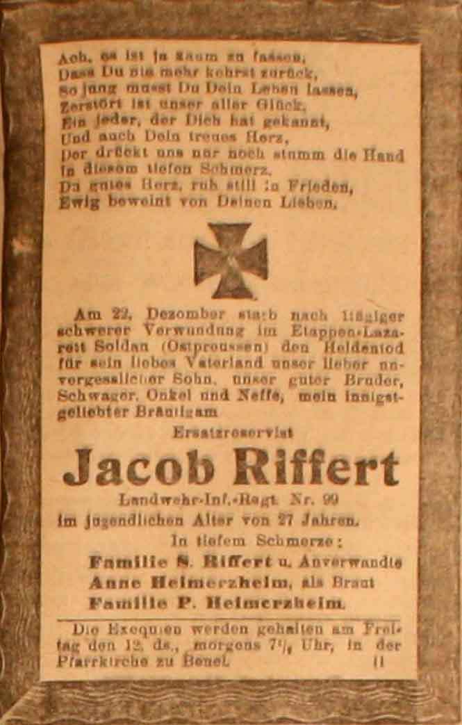 Anzeige im General-Anzeiger vom 8. Februar 1915
