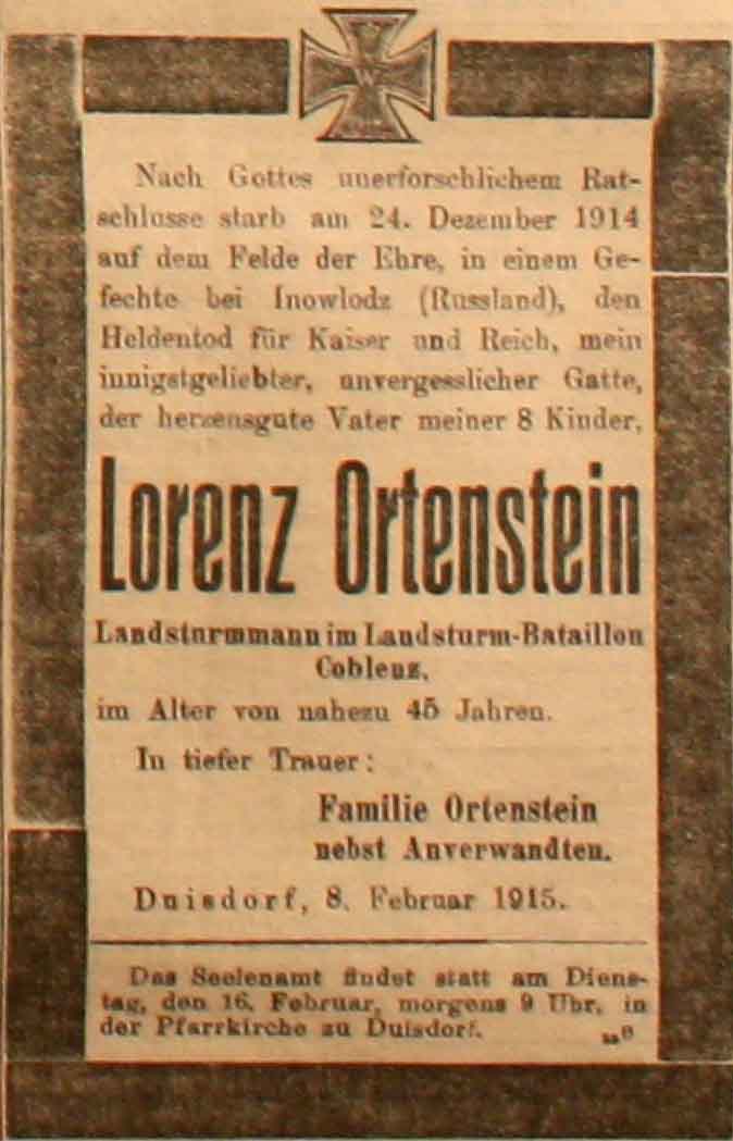 Anzeige in der Deutschen Reichs-Zeitung vom 9. Februar 1915