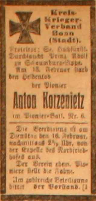 Anzeige im General-Anzeiger vom 15. Februar 1915