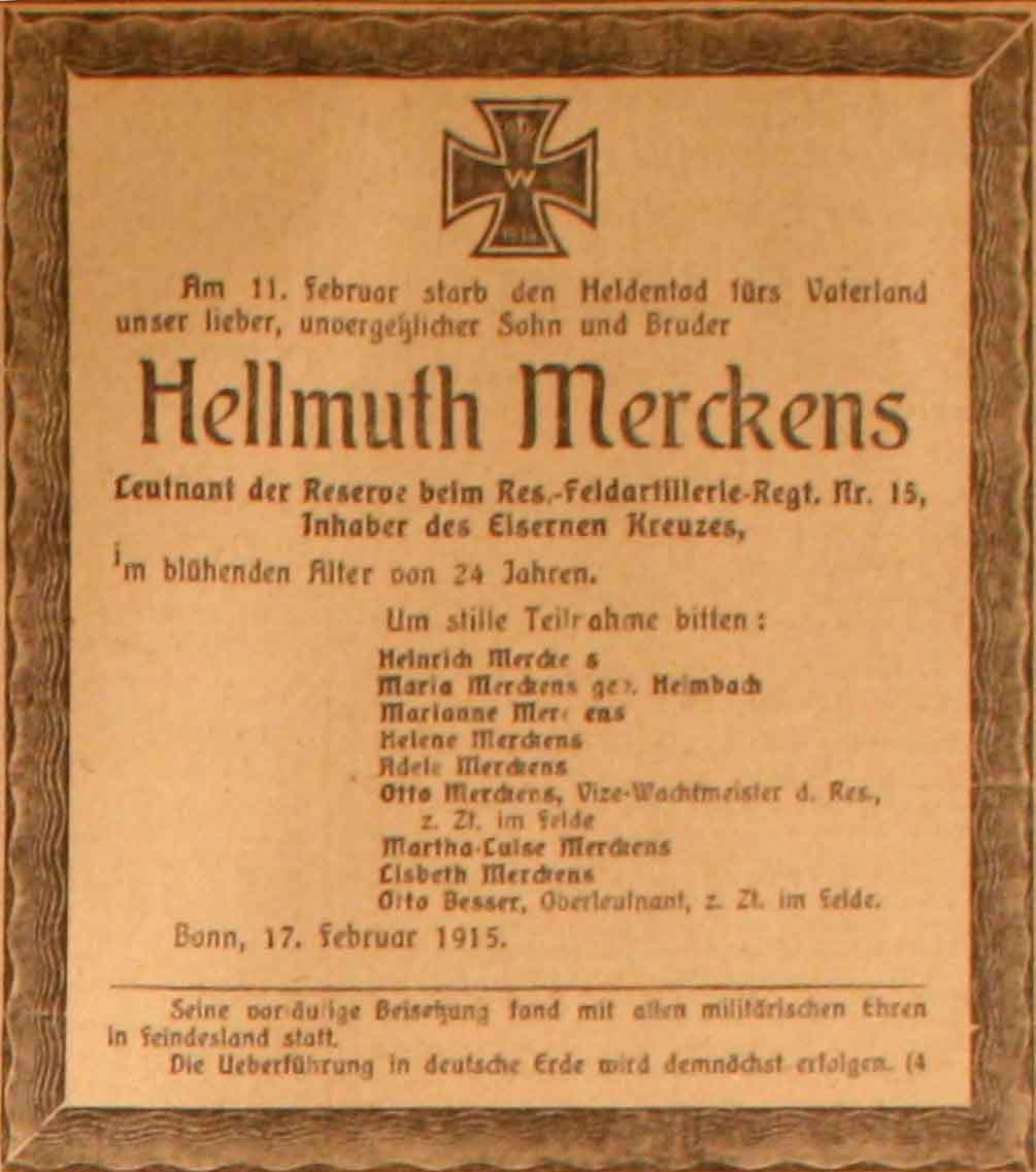 Anzeige im General-Anzeiger vom 18. Februar 1915