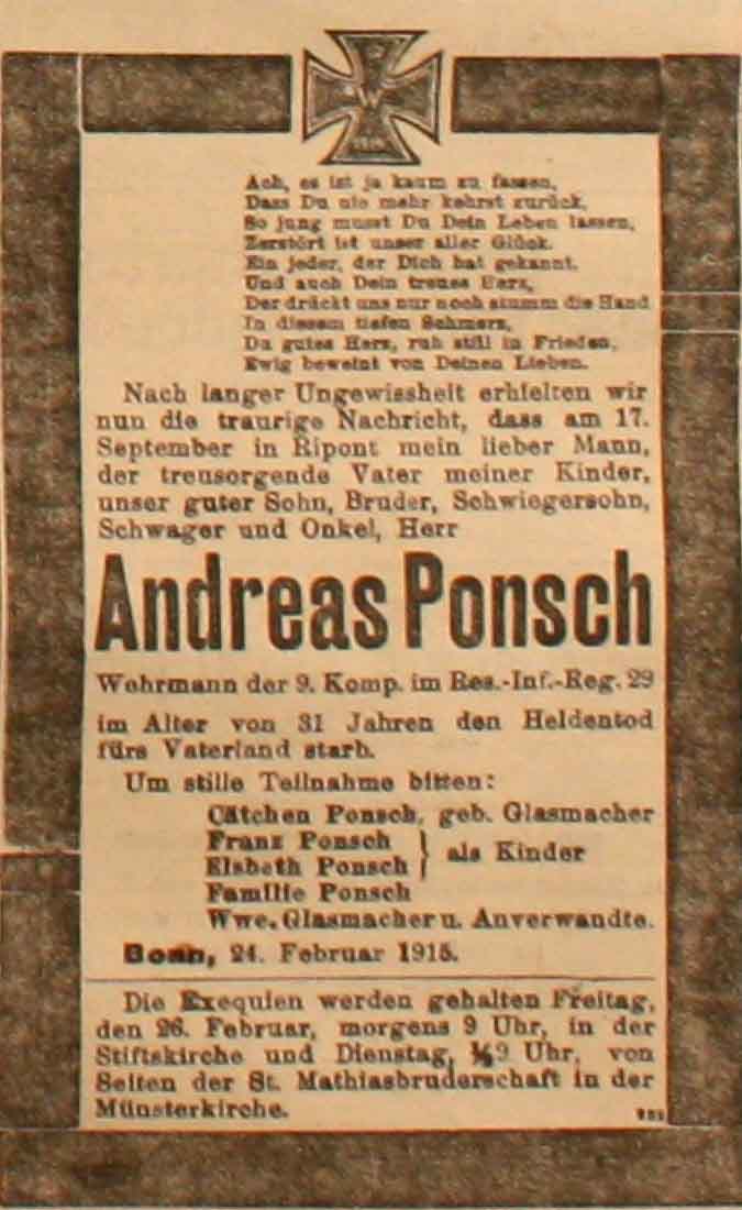 Anzeige in der Deutschen Reichs-Zeitung vom 25. Februar 1915