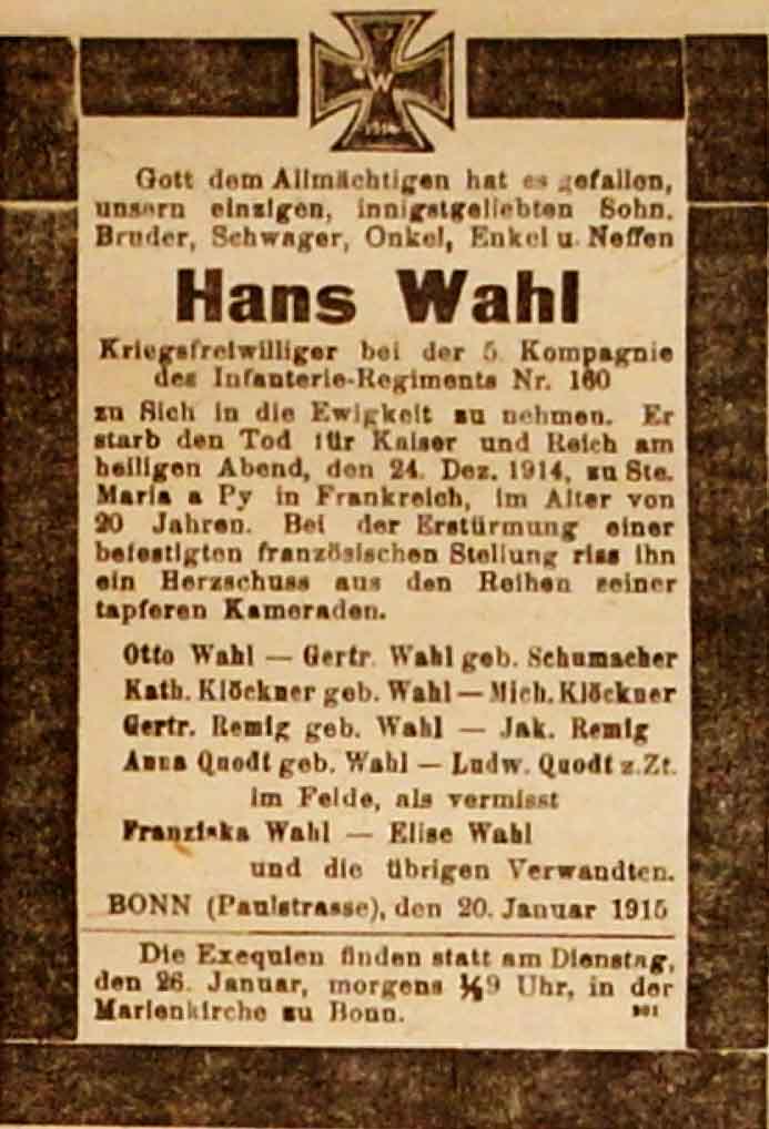 Anzeige in der Deutschen Reichs-Zeitung vom 20. Januar 1915