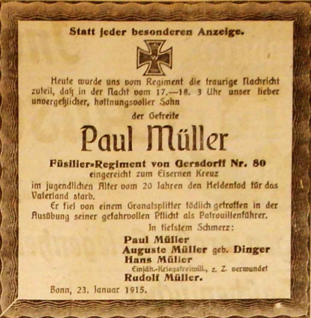 Anzeige im General-Anzeiger vom 25. Januar 1915
