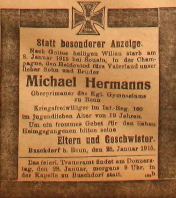 Anzeige in der Reichs-Zeitung vom 26. Januar 1915