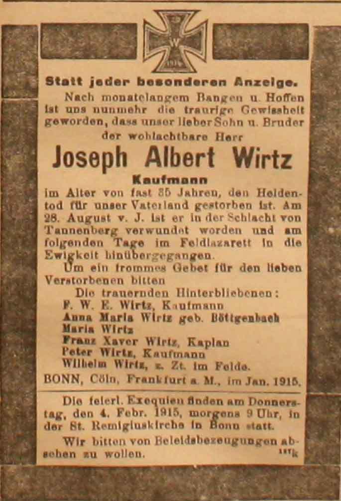 Anzeige in der Reichs-Zeitung vom 27. Januar 1915