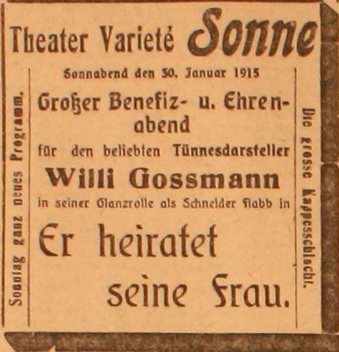Anzeige im General-Anzeiger vom 29. Januar 1915