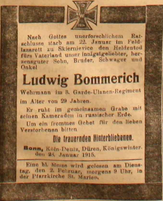 Anzeige in der Deutschen Reichs-Zeitung vom 30. Januar 1915