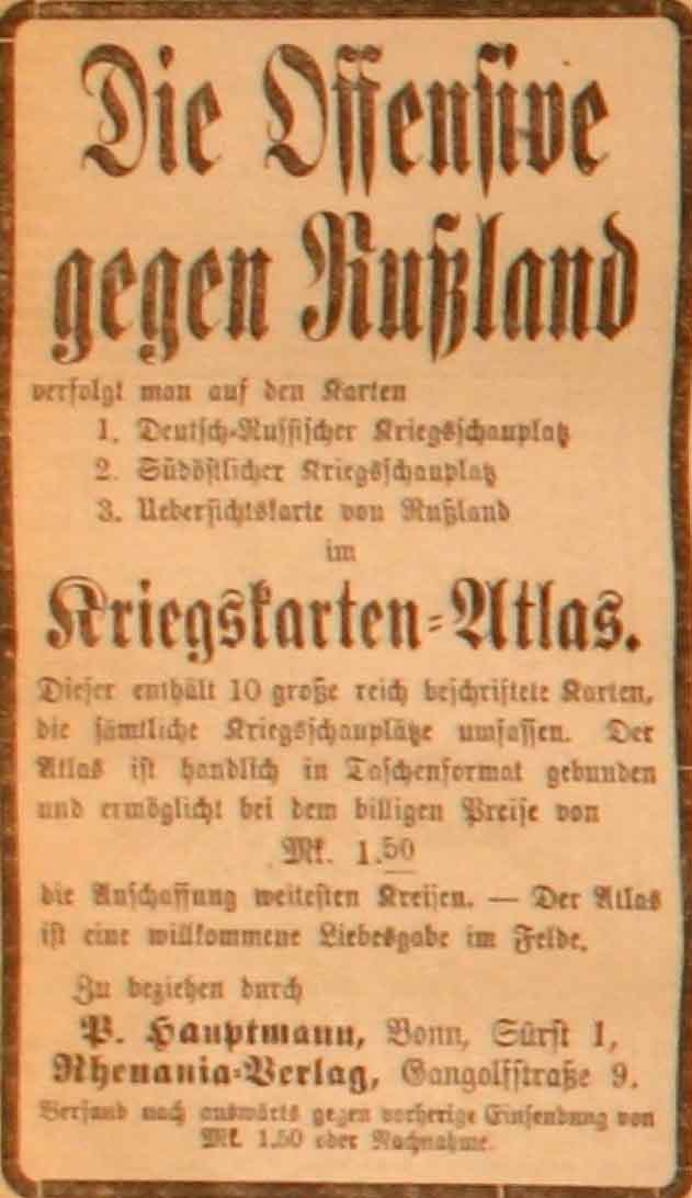 Anzeige in der Deutschen Reichs-Zeitung vom 30. Juli 1915