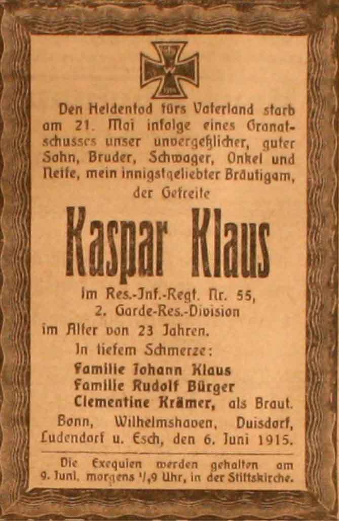 Anzeige im General-Anzeiger vom 6. Juni 1915
