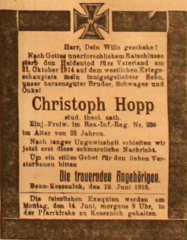 Anzeige in der Deutschen Reichs-Zeitung vom 12. Juni 1915