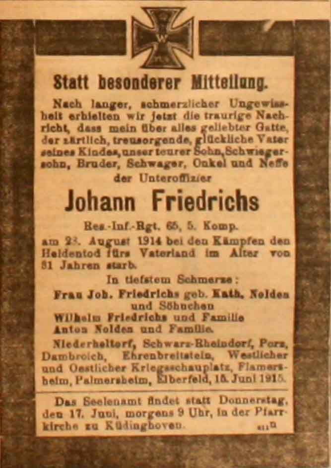 Anzeige in der Deutschen Reichs-Zeitung vom 16. Juni 1915