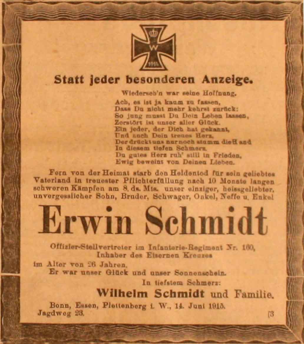 Anzeige im General-Anzeiger vom 16. Juni 1915