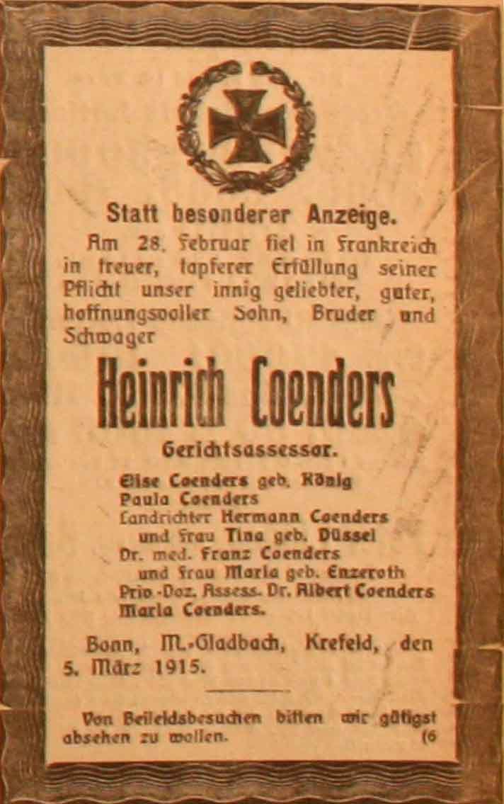 Anzeige im General-Anzeiger vom 6. März 1915