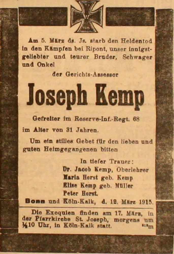 Anzeige in der Deutschen Reichs-Zeitung vom 13. März 1915