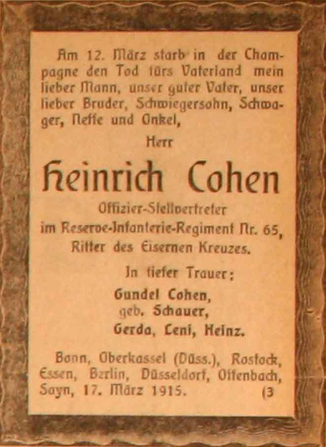 Anzeige im General-Anzeiger vom 17. März 1915