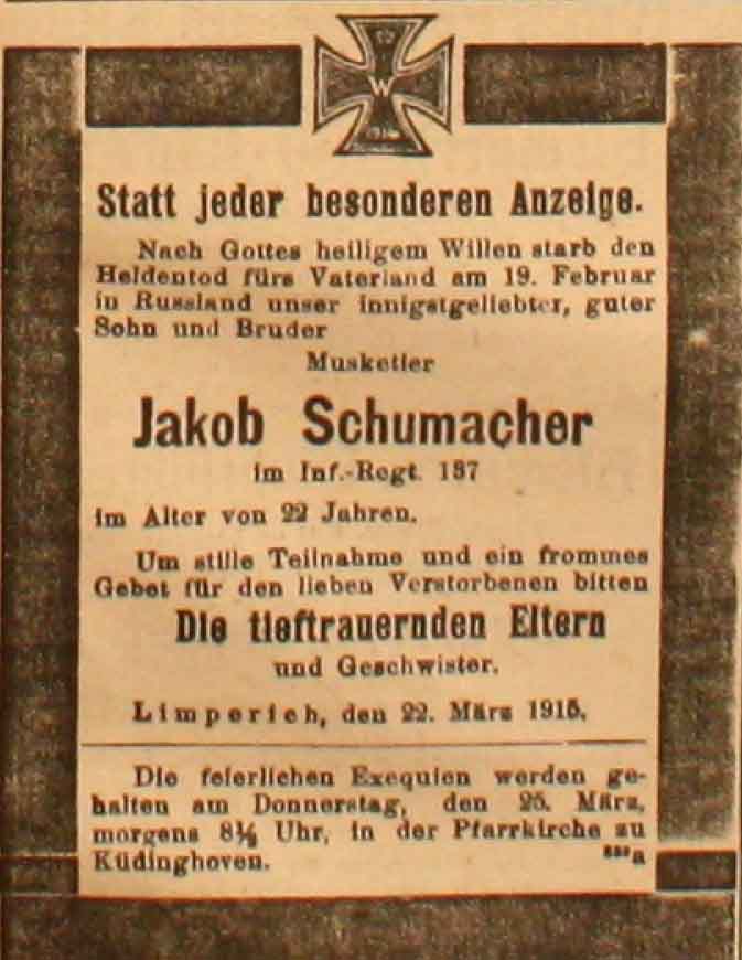 Anzeige in der Deutschen Reichs-Zeitung vom 22. März 1915