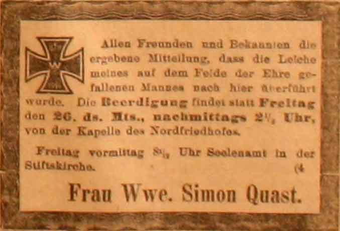 Anzeige im General-Anzeiger vom 25. März 1915