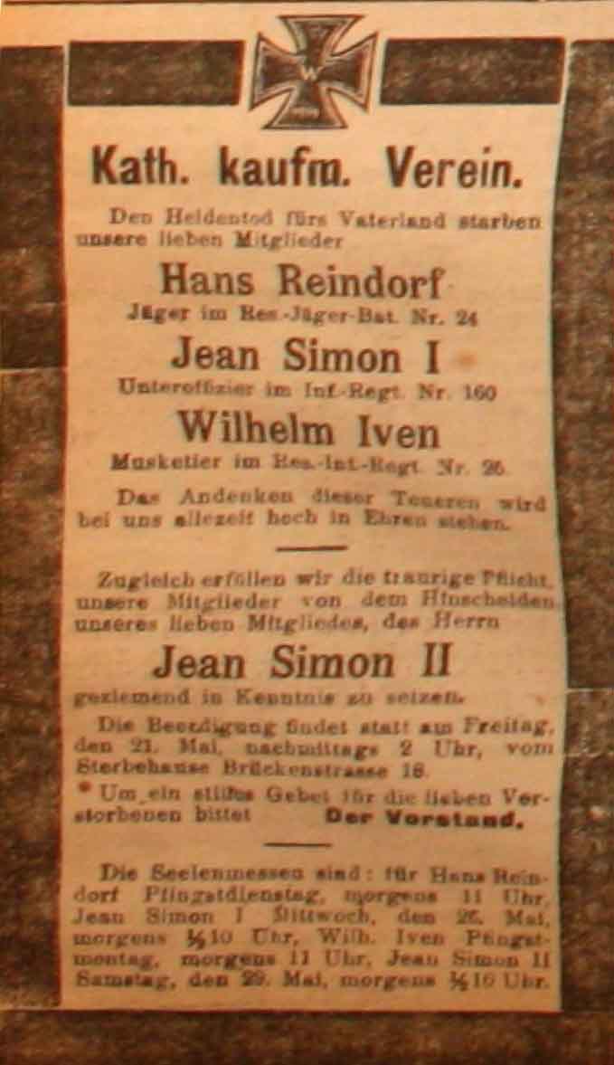 Anzeige in der Deutschen Reichs-Zeitung vom 21. Mai 1915