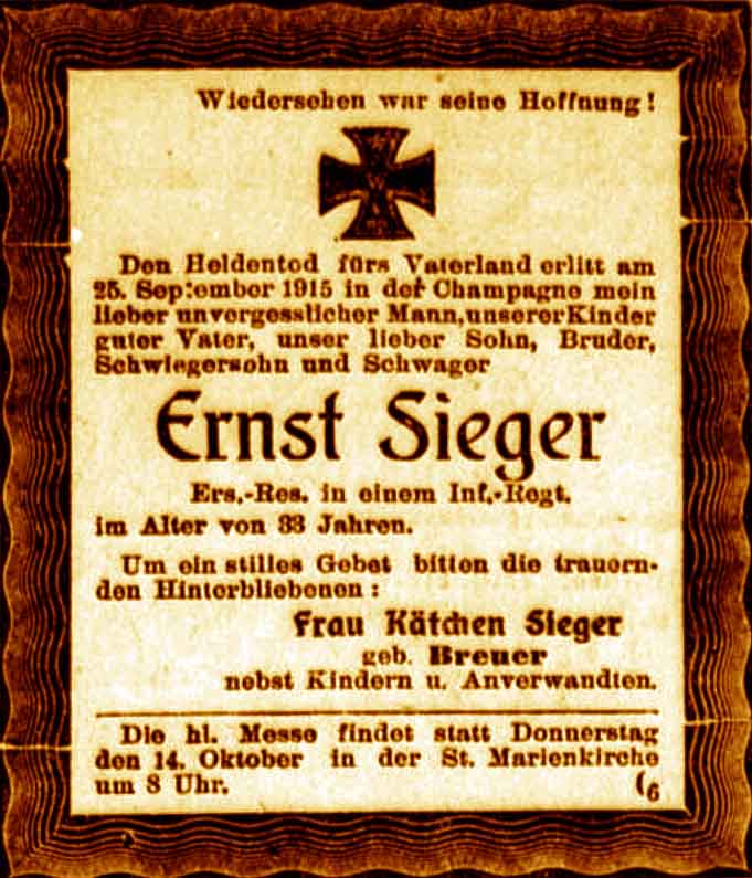 Anzeige im General-Anzeiger vom 9. Oktober 1915