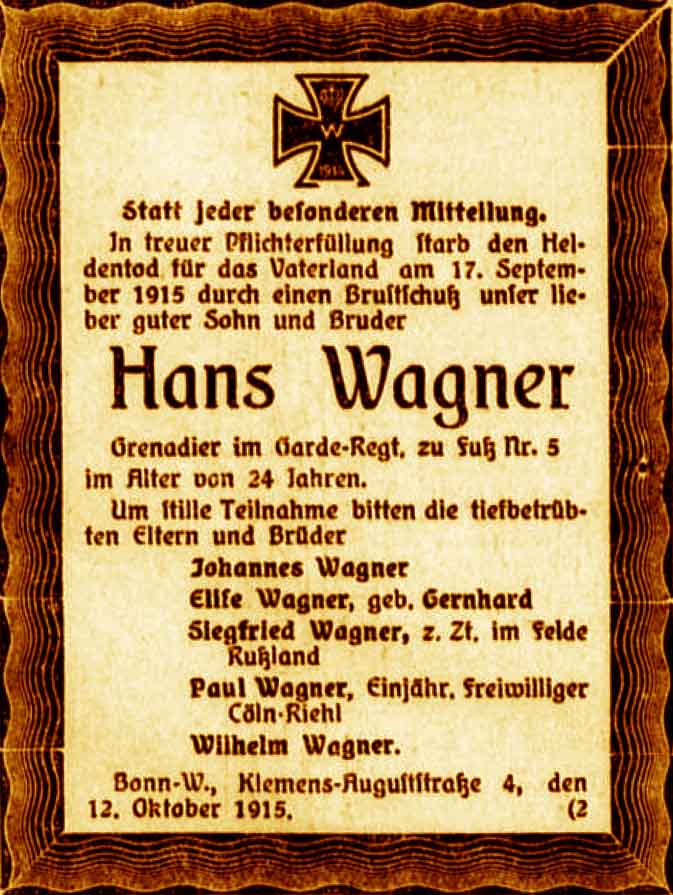 Anzeige im General-Anzeiger vom 12. Oktober 1915