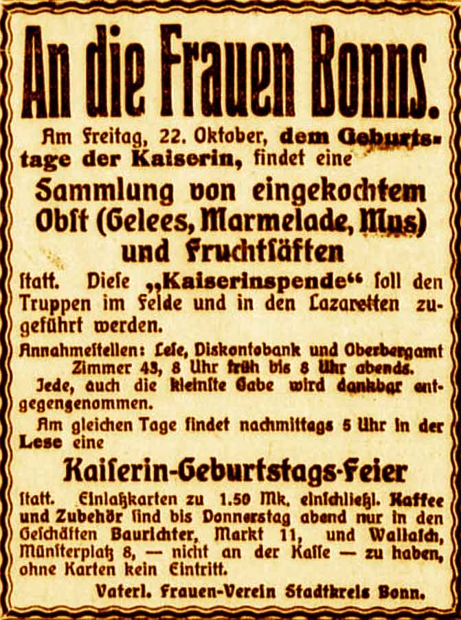 Anzeige im General-Anzeiger vom 20. Oktober 1915