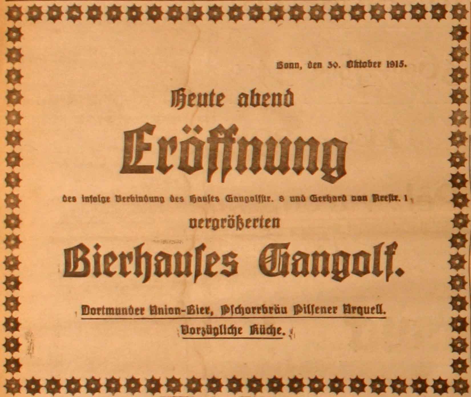 Anzeige in der Deutschen Reichs-Zeitung vom 30. Oktober 1915