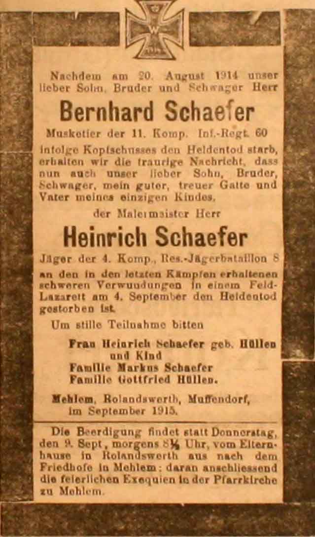 Anzeige in der Deutschen Reichs-Zeitung vom 8. September 1915
