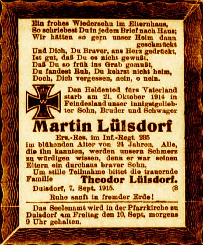 Anzeige im General-Anzeiger vom 8. September 1915