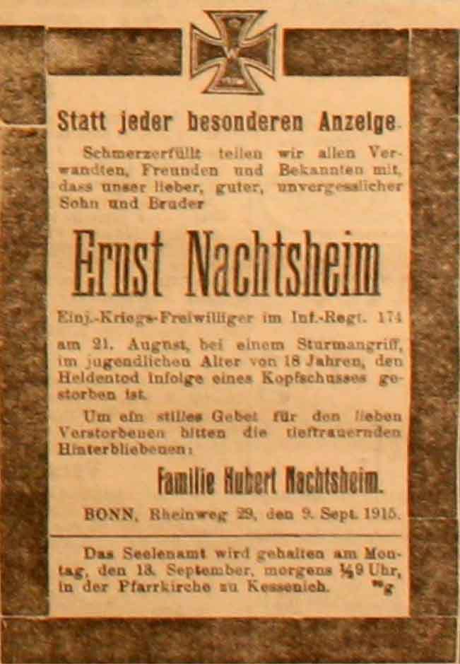 Anzeige in der Deutschen Reichs-Zeitung vom 9. September 1915