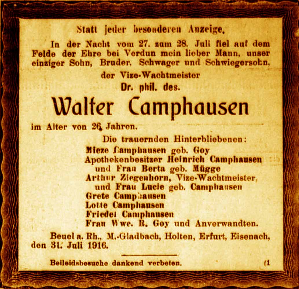 Anzeige im General-Anzeiger vom 1. August 1916
