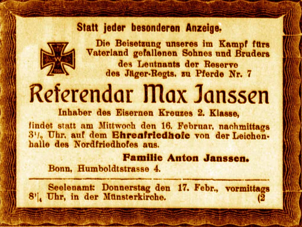 Anzeige im General-Anzeiger vom 15. Februar 1916