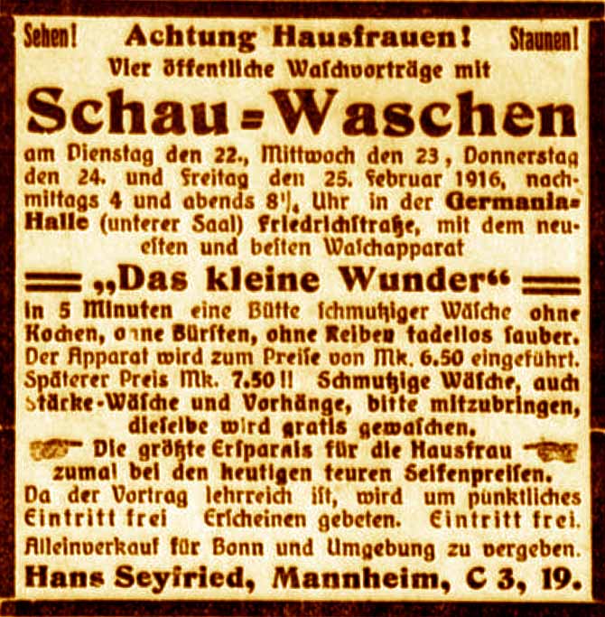 Anzeige im General-Anzeiger vom 21. Februar 1916