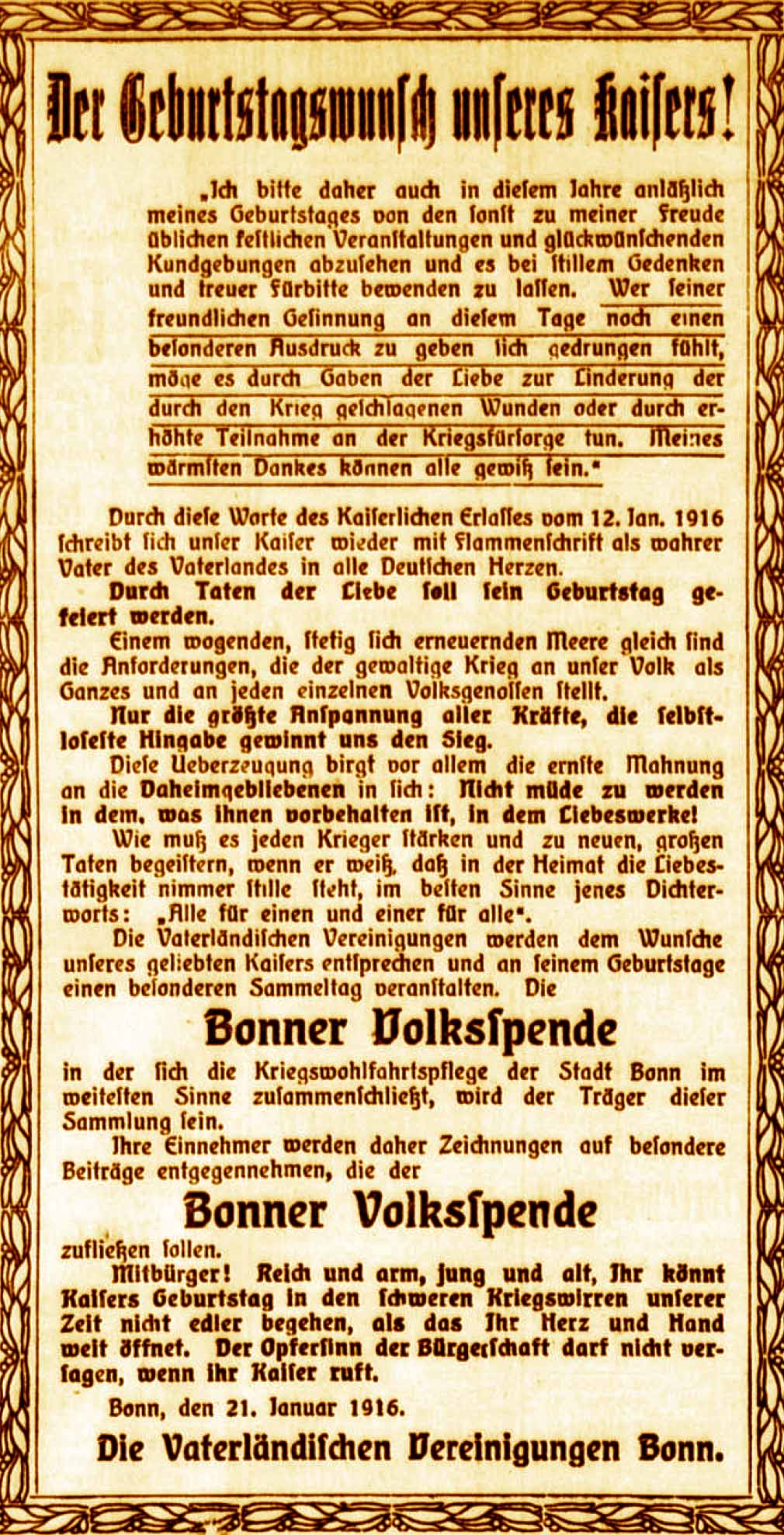 Anzeige im General-Anzeiger vom 23. Januar 1916