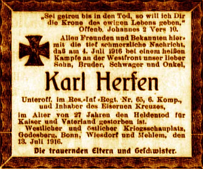 Anzeige im General-Anzeiger vom 14. Juli 1916