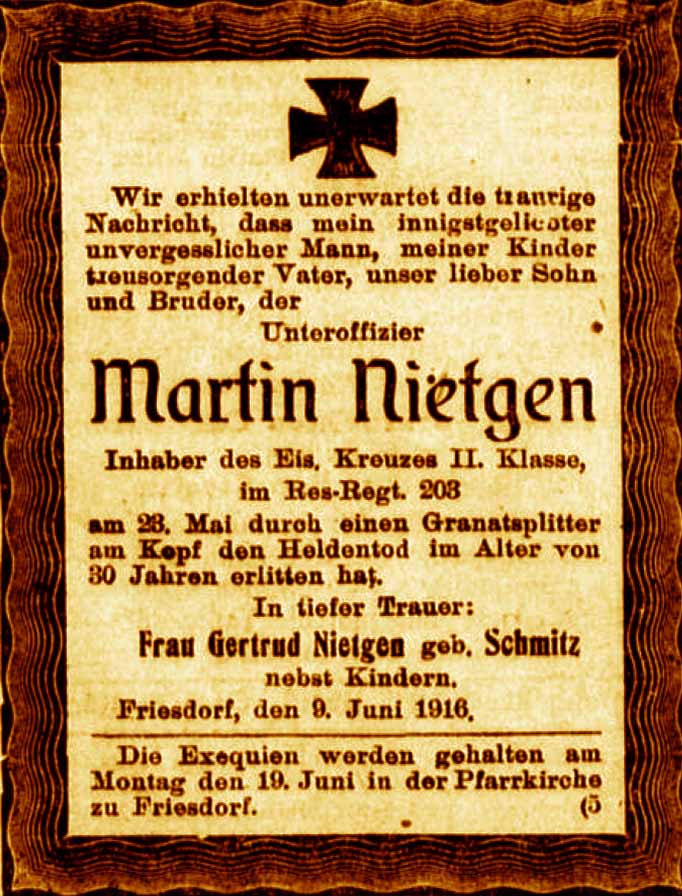 Anzeige im General-Anzeiger vom 9. Juni 1916