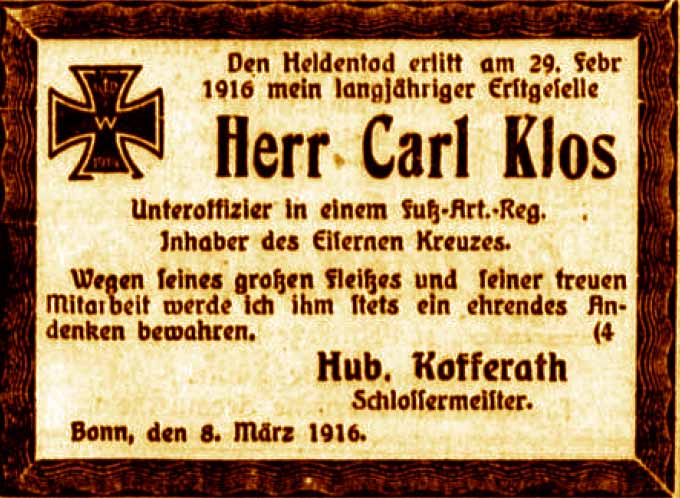 Anzeige im General-Anzeiger vom 9. März 1916