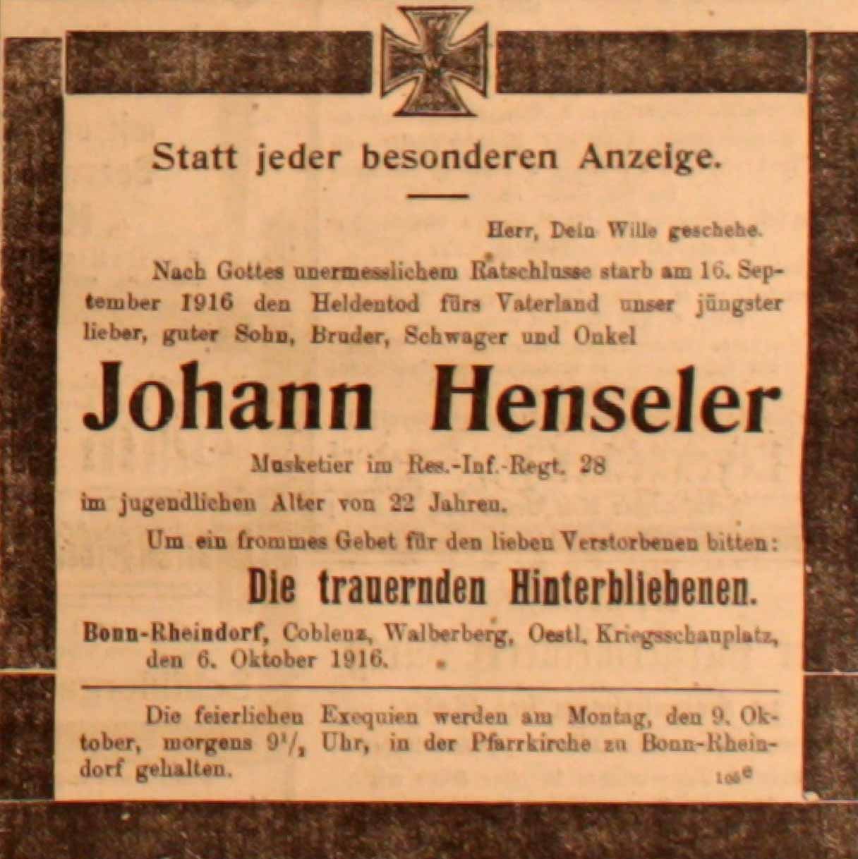 Anzeige in der Deutschen Reichs-Zeitung vom 7. Oktober 1916